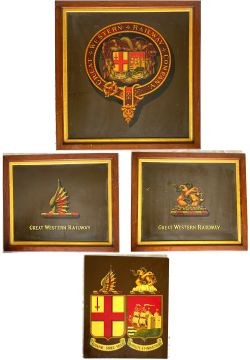 GWR Coats of Arms, quantity 4, three of which are tastefully framed as they were displayed in one of