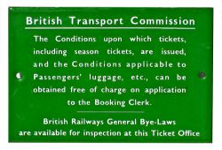 BR(S) British Transport Commission small enamel sign Conditions Upon Which Tickets etc. Light green,