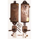 A pair of brass Toilet Door Locks complete with separate handles and strike plates but no keys.