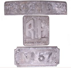 A set of 3 aluminium plates; RUSTON measuring 17in x 3.75in; RH Ruston Hornsby measuring