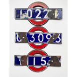 London Transport enamel Stock Plates, qty 3 comprising: 013093; 10221; 1115. All have damage.(3