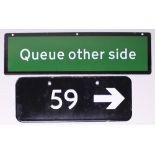 Enamel Sign, double sided Queue This Side and Queue Other Side. Measuring 15.5in x 4.5in,