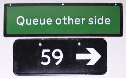 Enamel Sign, double sided Queue This Side and Queue Other Side. Measuring 15.5in x 4.5in,
