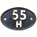 Shedplate 55H Leeds Neville Hill January 1960-June 1966 for steam. This ex NER shed, formerly 50B,