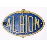 Cast Iron Makers Plate ALBION measuring 9.75in x 6.75in, probably ex farm machine. Face restored.