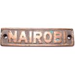 Traction Engine Nameplate NAIROBI. Cast brass measuring 13in x 3.25, curved to fit boiler.