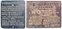 GWR cast iron Signal Box Door Notice together with a Water Crane Operating Notice. (2 items)