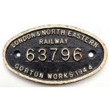 Worksplate 9x5 LONDON & NORTH EASTERN RAILWAY 63796 Gorton 1944. Ex Robinson locomotive, built by