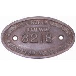 LNER 9x5 brass Tenderplate No 8216 Gateshead Works 1898. Ex NER J25 Locomotive. Unrestored.