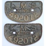 A pair of matching LMS D Plates, 20 TONS 492072. (2 items)