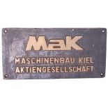 Works Makers Plate MAK Kiel Joint Stock Engineering Company. Rectangular brass, 11.5in x 5.75in.