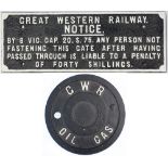 Great Western Railway fully titled Forty Shilling Gate Notice together with a GWR OIL GAS cover. (