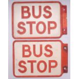 A pair of Midland Red cast aluminium Bus Stop signs, double sided, red lettering on white ground