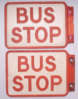 A pair of Midland Red cast aluminium Bus Stop signs, double sided, red lettering on white ground