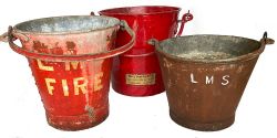 Railway Buckets, quantity 3 one of which is embossed LMS, another painted LMS FIRE. (3 items)