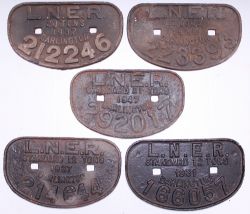 LNER D type Wagon plates qty 5, all Darlington comprising: 20 Tons 1937 No 212246; 12 Tons 1938 No