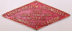 Worksplate North British Locomotive 1926 Queen’s Park Works No 23459. Ex Fowler 0-6-0 loco number