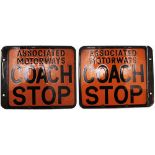 Associated Motorways Coach Stop. Double sided enamel measuring 11.75in x 10.5in, extremely good