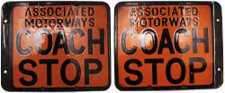 Associated Motorways Coach Stop. Double sided enamel measuring 11.75in x 10.5in, extremely good