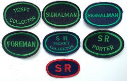 Southern Railway sew-on cap badges, green on black comprising Ticket Collector; Foreman;