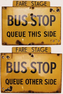 Enamel BUS STOP Sign Queue This Side/Queue Other Side with an added top plate FARE STAGE. Although