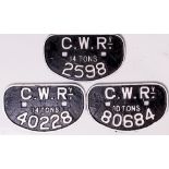 GWR D-type Wagon Plates quantity 3 comprising: 14 Tons 2598; 10 Tons 80684; 14 Tons 40228. All