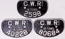 GWR D-type Wagon Plates quantity 3 comprising: 14 Tons 2598; 10 Tons 80684; 14 Tons 40228. All