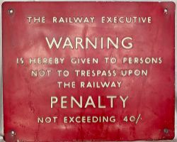 Railway Executive pressed aluminium 40/- Trespass Sign. Measures 15in x 12in, as removed condition.