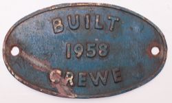 Worksplate BUILT 1958 CREWE. Ex 08 Shunter, oval cast iron still retaining original blue paint in ex