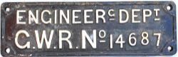 GWR Crane Plate ENGINEERG DEPT GWR No 14687. In restored condition measures 19in x 5.75in.