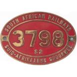 South African Railways brass Cabside Numberplate 3798 S2 ex 0-8-0 built by Fried Krupp as works