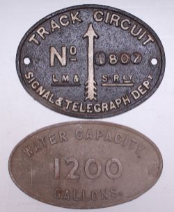 LM & S Rly Track Circuit No 1807, Signal & Telegraph Dept oval cast iron with upward facing arrow.