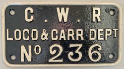 GWR cast iron Loco & Carriage Dept Crane Plate No 236.