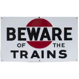 Bass Brewery enamel railway sign BEWARE OF THE TRAINS. In excellent condition with one small face