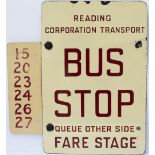 Motoring bus enamel sign READING CORPORATION TRANSPORT BUS STOP QUEUE OTHER SIDE / THIS SIDE FARE