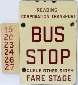 Motoring bus enamel sign READING CORPORATION TRANSPORT BUS STOP QUEUE OTHER SIDE / THIS SIDE FARE