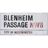 Enamel London motoring Road Sign BLENHEIM PASSAGE NW8 CITY OF WESTMINSTER. Fully flanged enamel in