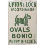 Advertising enamel sign UPTON & LOCK GROCERS & BAKERS SPRATTS OVALS BONIO & PUPPY BISCUITS. In