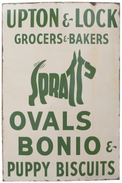 Advertising enamel sign UPTON & LOCK GROCERS & BAKERS SPRATTS OVALS BONIO & PUPPY BISCUITS. In