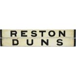LNER carriage board RESTON - DUNS. Double sided wood with metal ends in very good condition,