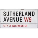 Enamel London motoring Road Sign SUTHERLAND AVENUE W9 CITY OF WESTMINSTER. Fully flanged enamel in