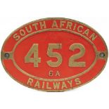 South African Railways brass cabside numberplate 452 6A ex Cape Government Railways 4-6-0 numbered