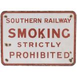 SR enamel sign SOUTHERN RAILWAY SMOKING STRICTLY PROHIBITED. In good condition with some small