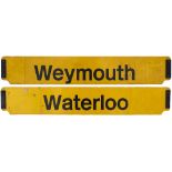 British Railways carriage board WATERLOO WEYMOUTH. Screen printed aluminium complete with mounting