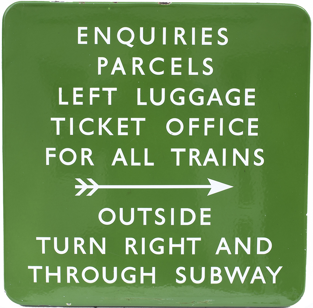 BR(S) FF enamel station sign ENQUIRIES PARCELS LEFT LUGGAGE TICKET OFFICE FOR ALL TRAINS OUTSIDE