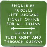 BR(S) FF enamel station sign ENQUIRIES PARCELS LEFT LUGGAGE TICKET OFFICE FOR ALL TRAINS OUTSIDE