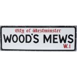 Enamel London motoring Road Sign WOODS MEWS NORTH W1 CITY OF WESTMINSTER. Early style with Gothic