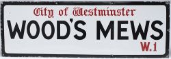 Enamel London motoring Road Sign WOODS MEWS NORTH W1 CITY OF WESTMINSTER. Early style with Gothic