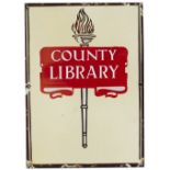 Enamel advertising sign COUNTY LIBRARY. In very good condition with minor edge chipping, measures