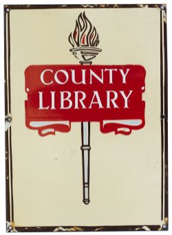 Enamel advertising sign COUNTY LIBRARY. In very good condition with minor edge chipping, measures